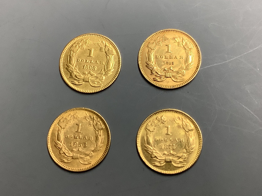 Four United States of America one dollar gold coins, Indian head, type III, 1856, 1862, 1868 and 1874